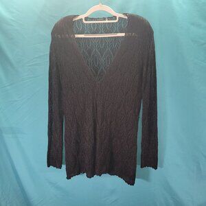 Magaschoni Black Lattice Knit V-Neck Long-Sleeve Sweater Top Womens Size M